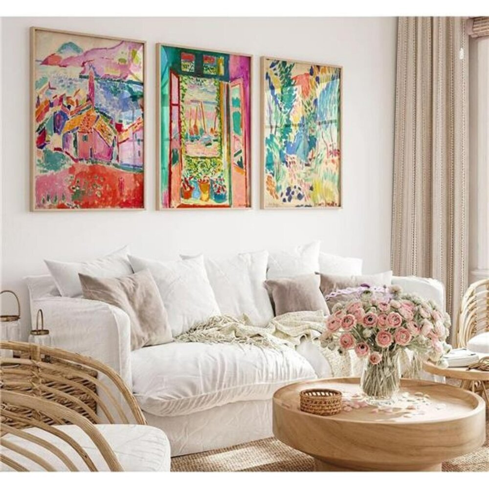 Colorful abstract wall art set of 3 pink canvas prints boho artwork for bedroom